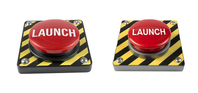 Red launch button with warning stripes on transparent background