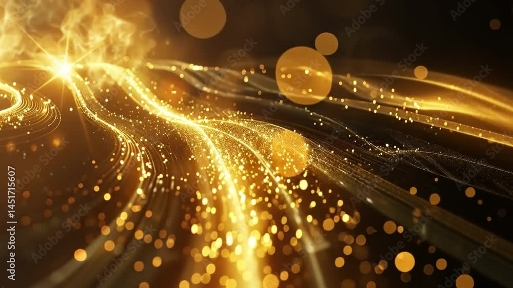 Poster golden light trails shimmer and dance across dark background, creating mesmerizing effect filled wit