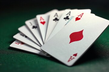 Obraz premium Four aces fanned out, showcasing card details , playing cards, background