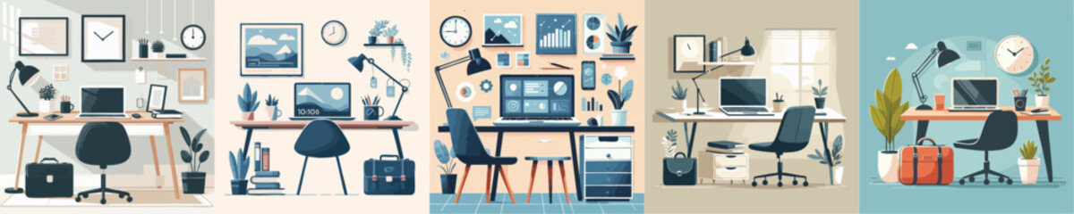 Modern Minimalist Home Office Workspace with Laptop and Desk Accessories – Vector Illustration