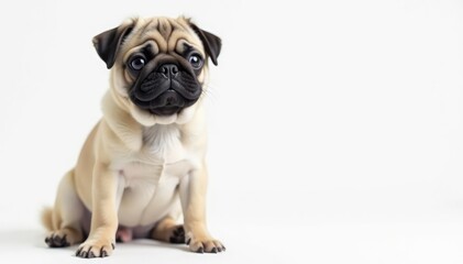 Fototapeta premium Adorable pug dog sitting, isolated on white background, funny, image
