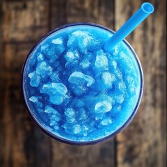 Refreshing Blue Slushie With Straw on Wooden Table
