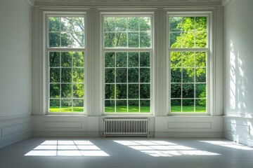 Fototapeta premium Bright white room with three large windows overlooking lush green trees. Use for home design, real estate, or showcasing natural light and space.