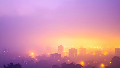 Fototapeta premium Mystical foggy evening over cityscape urban landscape nighttime atmosphere dreamy colors aerial view serene concept