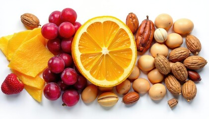 Assortment of dried fruits & nuts on white backdrop , almonds, dried food, trail mix