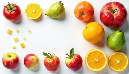 Naklejka premium Assortment of organic fruits on white background, vitamin, nutrition