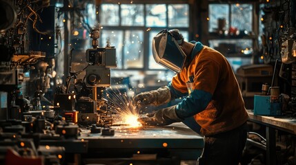 Skilled worker in a workshop, using arc welding equipment. Sparks fly as metal is joined