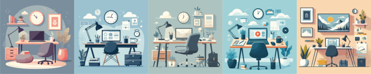 Modern Minimalist Home Office Workspace with Laptop and Desk Accessories – Vector Illustration