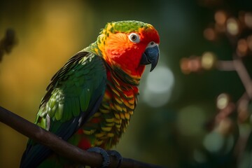 A vibrant parrot perched on a branch with a colorful head and green body in a natural setting outdoors
