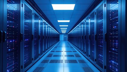 Obraz premium Data center operations and maintenance technology facility digital infrastructure modern environment wide-angle view future readiness