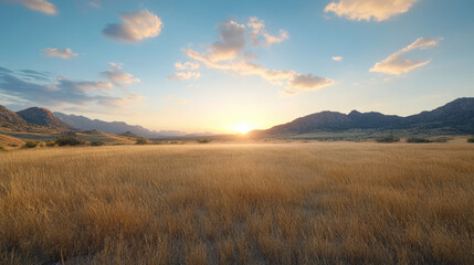 Fototapeta premium Golden grasses sway gently in warm sunset light over vast desert landscape