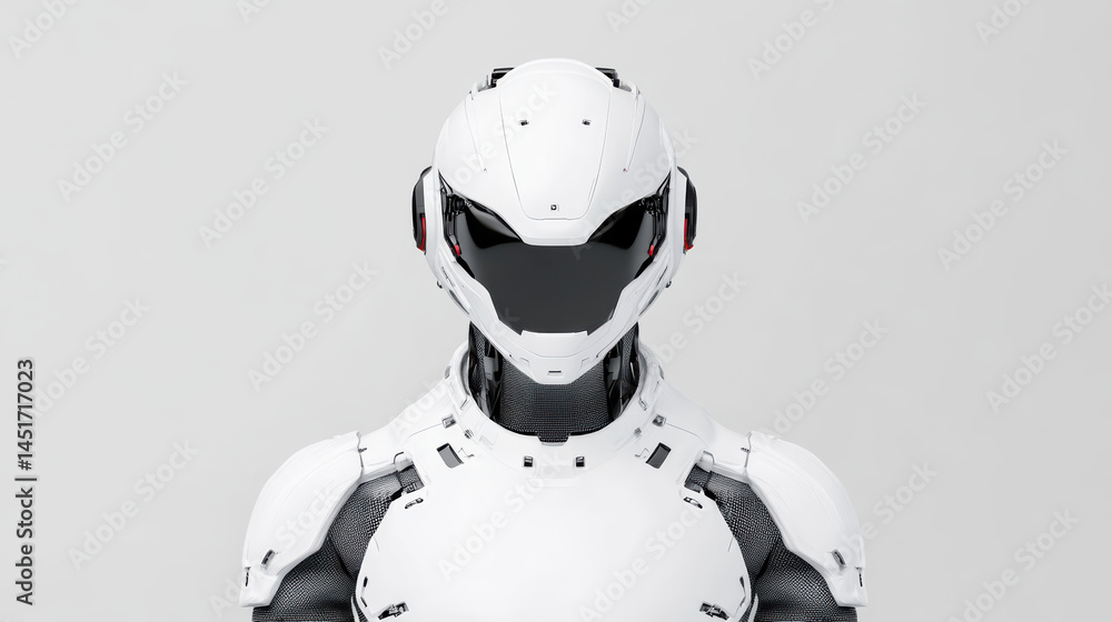 Poster futuristic humanoid robot with sleek white design and advanced features