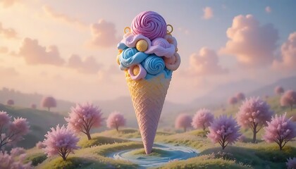 Enchanting ice cream cone amidst a dreamy cherry blossom landscape