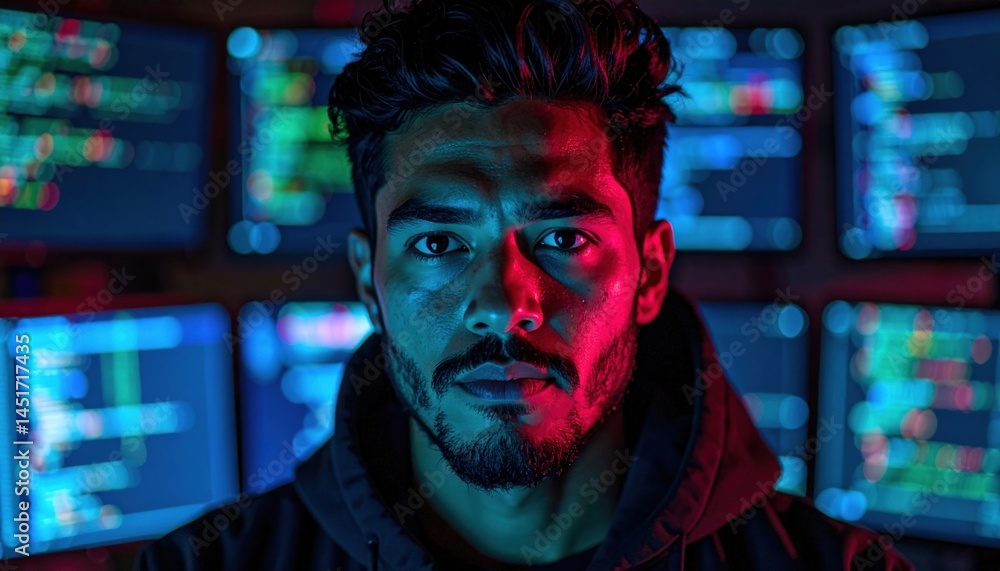 Poster cybersecurity analyst monitoring data streams in a high-tech environment urban office portrait drama