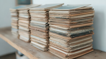 Old postcards stacked on wooden shelf, showcasing vintage designs and textures
