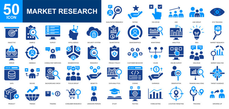 Market Research icon set collection. Data analytics, stock market, market analysis, data statistics, market growth icon. Simple glyph color vector.