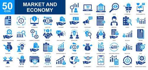 Market and Economy icon set collection. Market growth, market analysis, digital economy, global economy, cash flow icon. Simple glyph color vector.