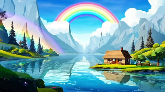 Anime video background beautiful view of paradise fantasy island with rainbow lake mountain wooden house cartoon style video art design