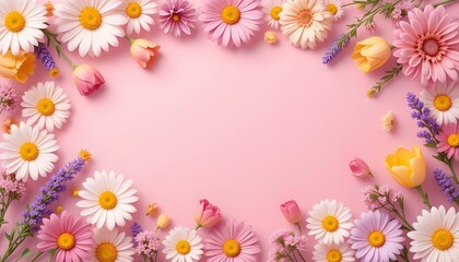 Fototapeta premium Pastel Floral Flatlay with Daisies and Tulips on Gradient Background – Modern Mother’s Day Vector Design