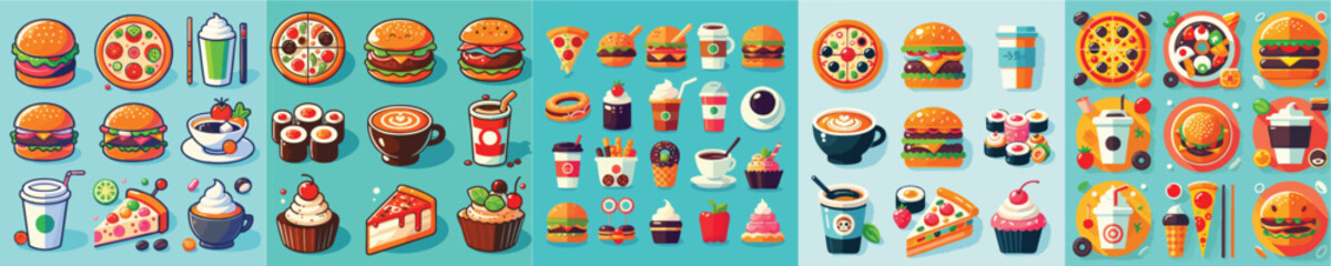 Cute Cartoon Fast Food and Drinks Vector Set – Pizza, Burger, Coffee, Dessert