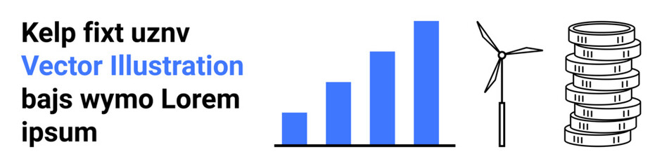Blue bar chart indicating progress, wind turbine symbolizing clean energy, and stacked coins representing financial savings. Ideal for business strategy, clean energy, investment plans, reports