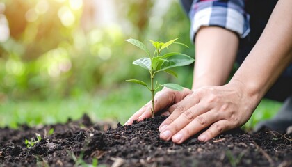 Fototapeta premium Planting a young sapling garden gardening action outdoor environment close-up view nature conservation concept