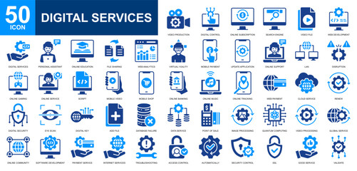 Digital Services icon set collection. Cloud service, internet of thing, digital security, cloud compunting, digital control icon. Simple glyph color vector.
