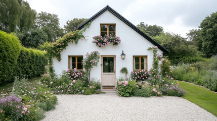 Charming cottage retreat adorned with climbing roses and vibrant flowers, inviting tranquility