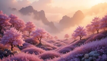 Pink Blossoms and Misty Mountains Scenery in Delicate Pastel Tones