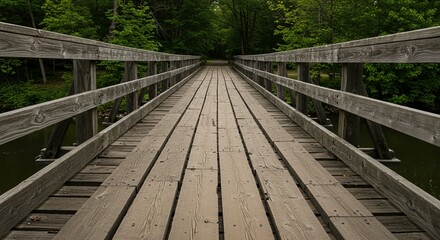Rustic Wooden Bridge Spanning Tranquil Water in Lush Green Forest
