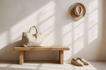 Minimalist entryway with wooden bench and natural light on textured white walls