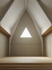Empty minimalist attic room with triangular window and Scandinavian wood interior design