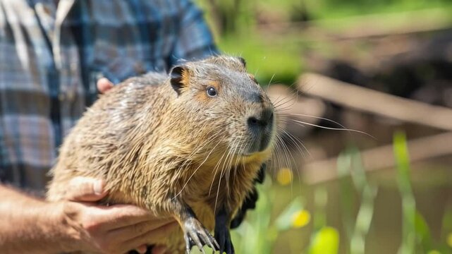 the farmer holds a nutria in his hands. Selective focus