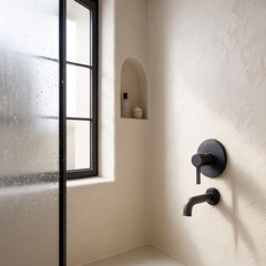 Wide-angle shower view with glass panel and realistic faucet in mediterranean bathroom