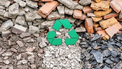 Recycled construction debris with a recycling symbol.  Various building materials like bricks, rocks, and asphalt are piled high, with a recycling symbol in the center