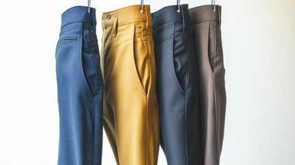 Four different colored pants hanging on hangers