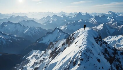 Achieving heights: Silhouette on a snow-covered mountain ridge overlooking peaks