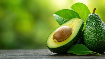 A delicious fresh avocado with leaves on a wooden surface