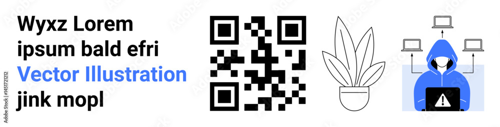 Poster qr code, hacker in hoodie with laptop warning triangle, houseplant, computers. ideal for cybersecuri