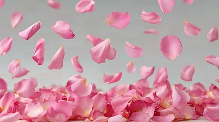 Pink flower petals drift in the air before settling on a white background, creating a peaceful, dreamy scene.
