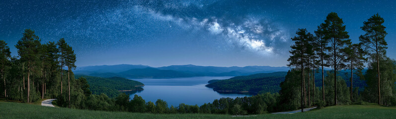 Milky Way over Lake: A breathtaking panoramic view of the Milky Way galaxy arching over a serene lake nestled amidst rolling hills and majestic pine trees.