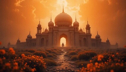 Mystical journey: A traveler approaches a grand mosque under golden sunset skies