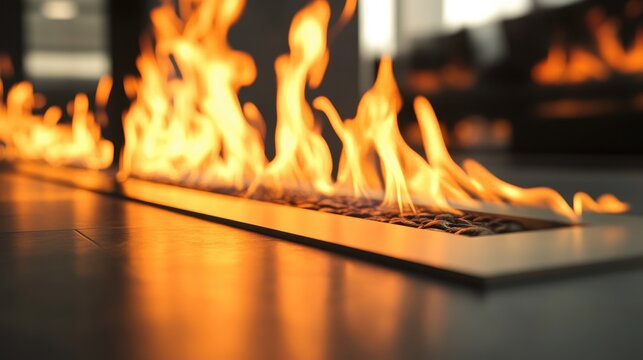 A modern bio ethanol fireplace burns bright orange flames in dark interior. Use this to convey warmth, comfort, or a contemporary design aesthetic.
