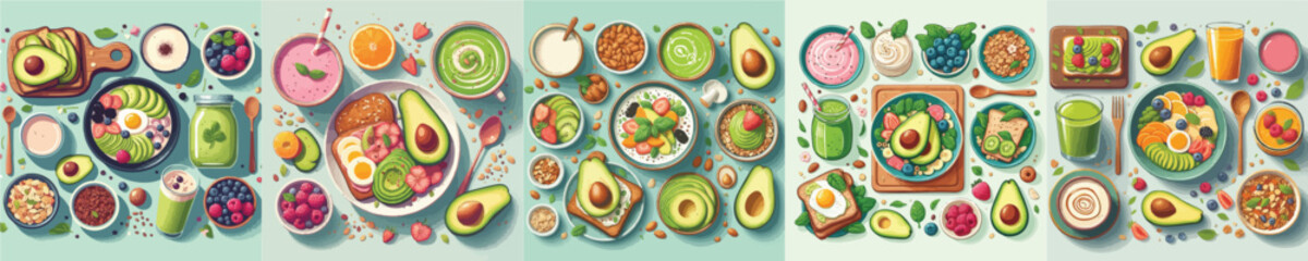 Healthy Breakfast Flat Lay Illustration with Avocado, Smoothie and Fruits