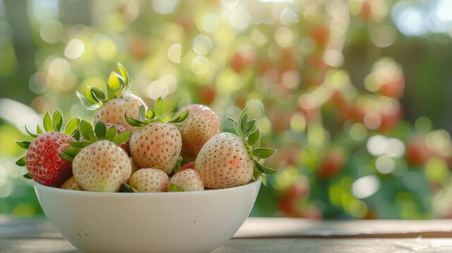 white strawberries in a white bowl on the table. Selective focus