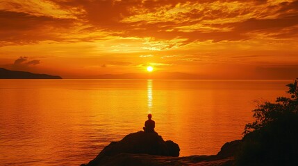 Solitary figure meditates at sunset over tranquil ocean