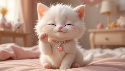 Enchanting white kitten greets with delicate charm in a soft pink haven