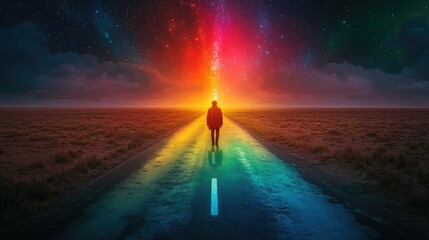 Solitary figure on a vibrant, otherworldly road