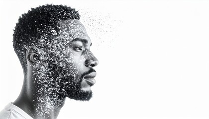 Transformative portrait of a man disintegrating into particles studio setting photography monochrome environment profile view concept of identity