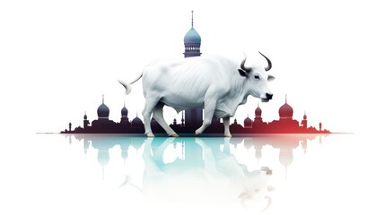 White Sheep and Taj Mahal Style Mosque for Eid al-Adha on white background
